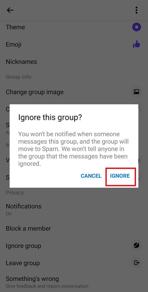 toque el botón Ignorar para ocultar las notificaciones de grupo |  Cómo salir de un chat grupal en Facebook Messenger