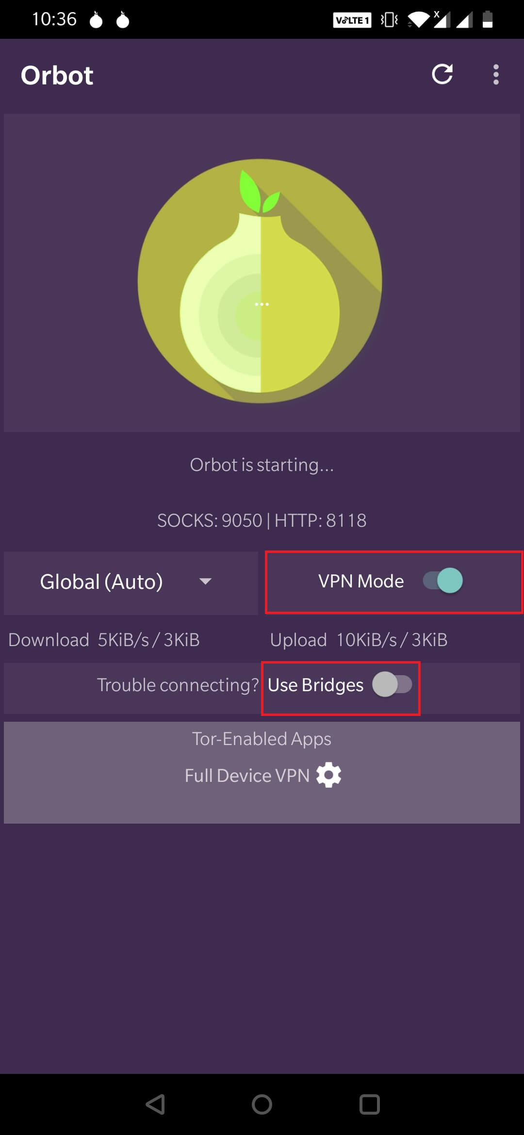 Abra la aplicación Orbot.  Pulse en 'Inicio' y habilite el modo VPN.