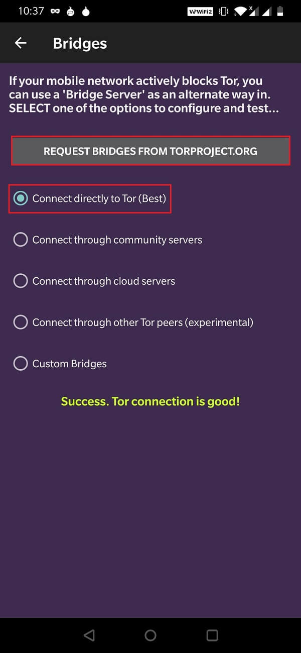 toque en 'solicitar puentes de torproject.org', |  Cómo acceder a sitios bloqueados en Android