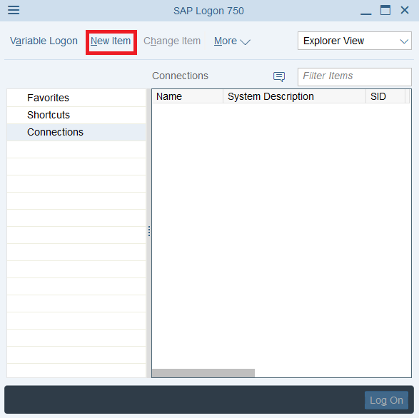 Haga clic en Nuevo elemento en la ventana de inicio de sesión de SAP