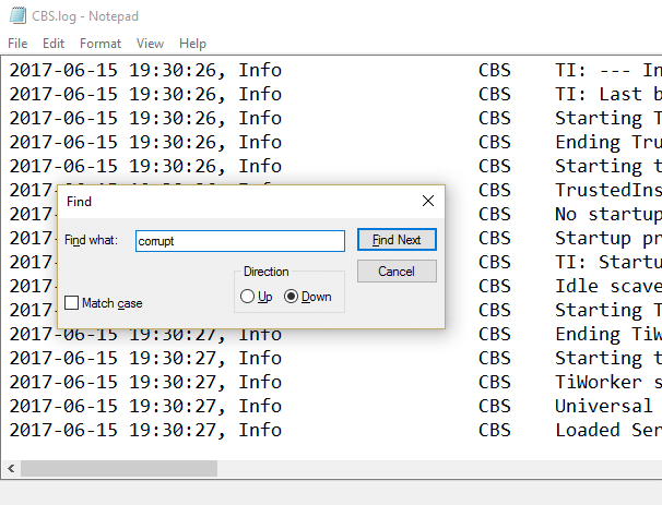 Presione ctrl + f y luego escriba corrupto