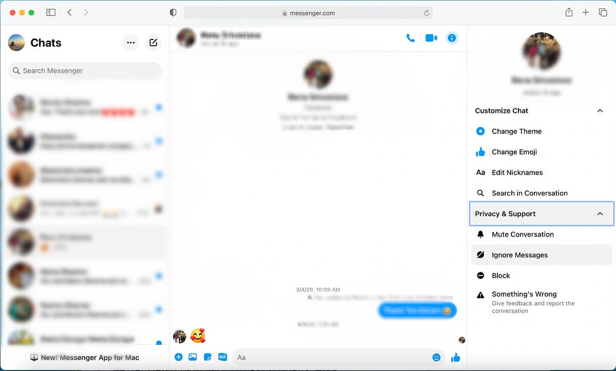 De las opciones, seleccione privacidad y soporte.  |  Cómo ignorar y dejar de ignorar mensajes en Messenger