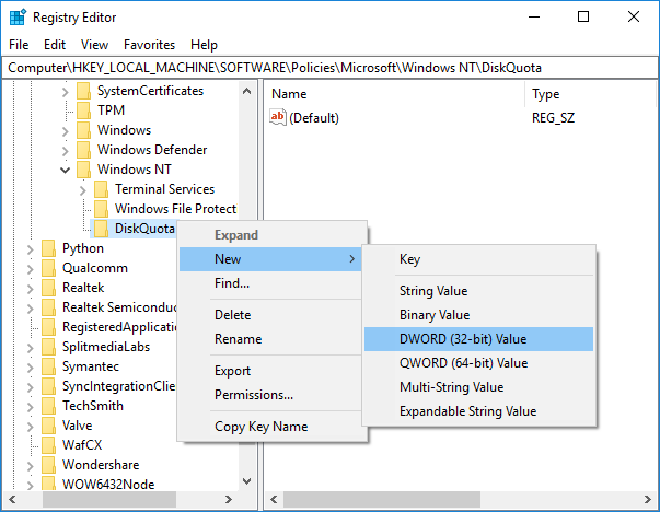 Haga clic derecho en DiskQuota, luego seleccione Nuevo y luego haga clic en Valor DWORD (32 bits)