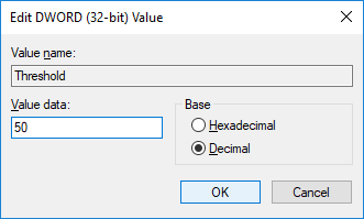 Cambie el valor de DWORD Threshold a cuántos GB o MB desea configurar para un nivel de advertencia predeterminado