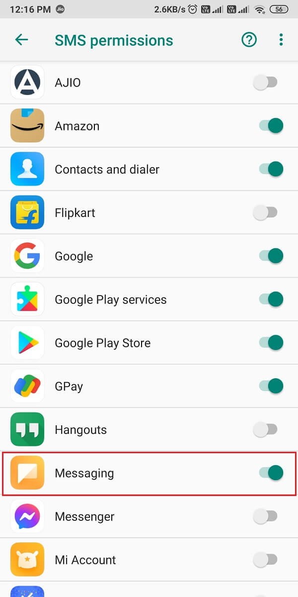 puede activar el interruptor junto a su aplicación de mensajería predeterminada.  |  Cómo reparar el error de mensaje no enviado en Android