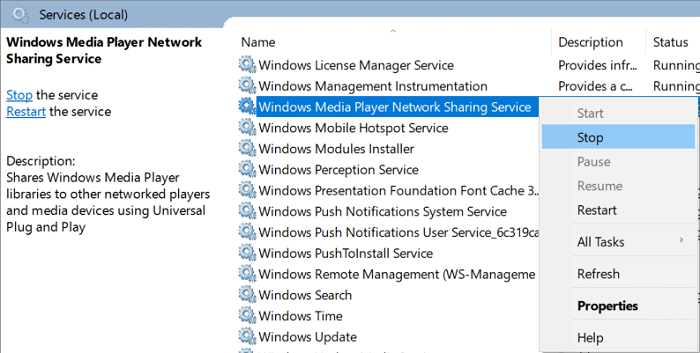 Haga clic con el botón derecho en Servicio de uso compartido de red de Windows Media y seleccione Detener