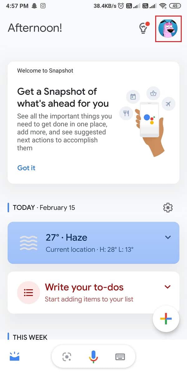 Toque el icono de su perfil en la esquina superior derecha de la pantalla.  |  Arreglar el Asistente de Google que no funciona en Android