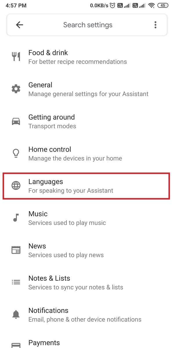 Desplácese hacia abajo para ubicar la sección de idiomas.  |  Arreglar el Asistente de Google que no funciona en Android