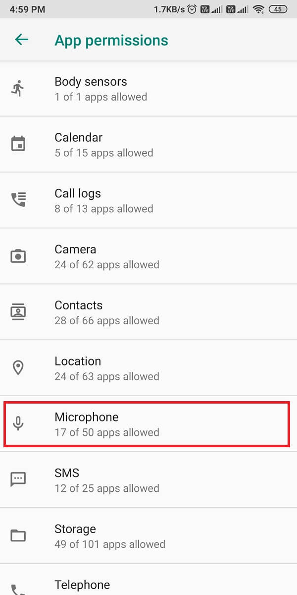 seleccione 'Micrófono' para acceder a los permisos del micrófono |  Arreglar el Asistente de Google que no funciona en Android