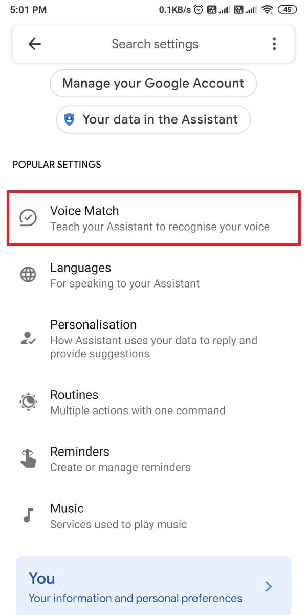 toca Coincidencia de voz.  |  Arreglar el Asistente de Google que no funciona en Android
