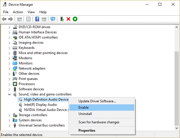 haga clic derecho en el dispositivo de audio de alta definición y seleccione habilitar