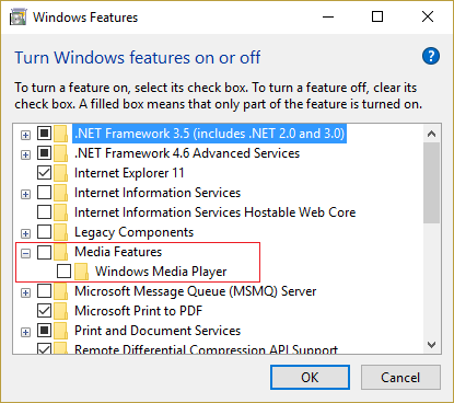 desmarque Windows Media Player en Funciones de medios