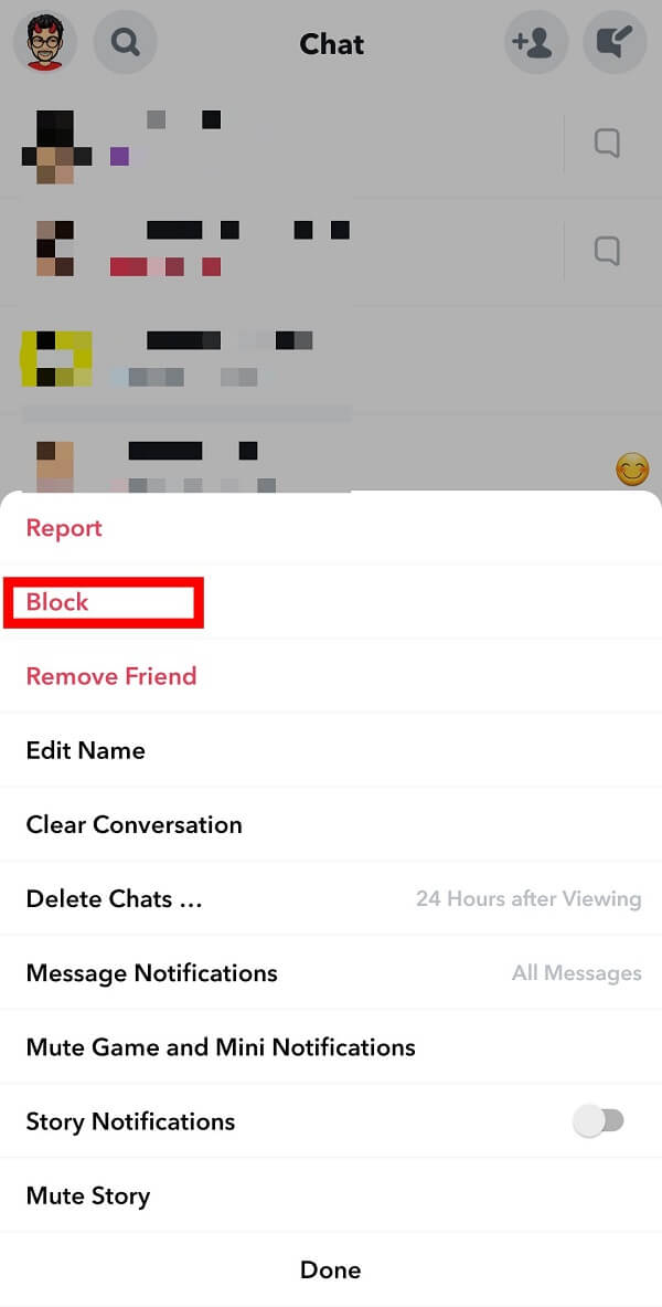 Aquí, debe tocar Bloquear.  |  Cómo deshacerse de los mejores amigos en Snapchat