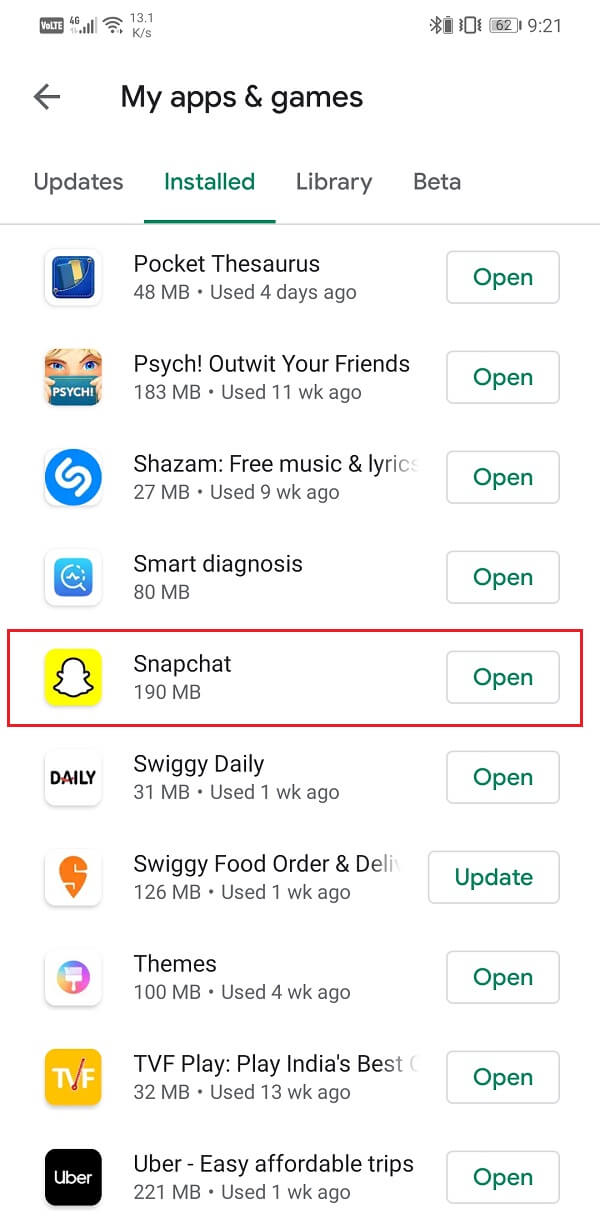 Busca Snapchat y comprueba si hay actualizaciones pendientes