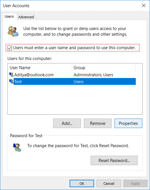 Marca de verificación Los usuarios deben ingresar un nombre de usuario y contraseña para usar esta computadora