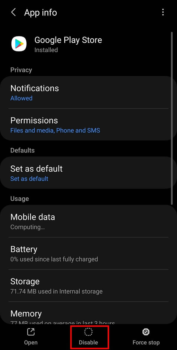 Toque la opción Deshabilitar disponible en su pantalla.  |  Cómo reparar el error del servidor en Google Play Store
