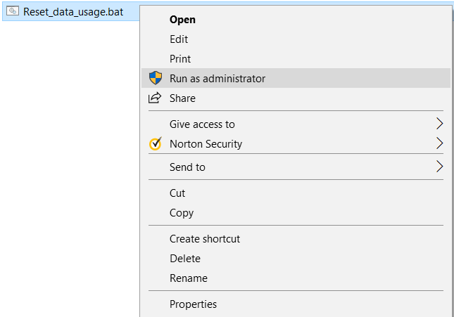 Haga clic derecho en el archivo Reset_data_usage.bat y seleccione Ejecutar como administrador