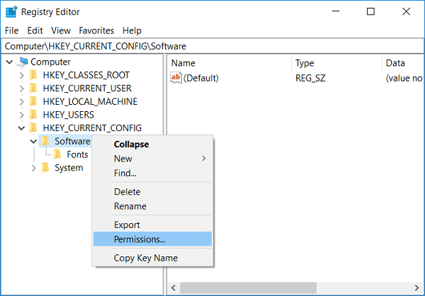 Haga clic con el botón derecho en la carpeta Software en HKEY_CURRENT_CONFIG y luego seleccione Permisos