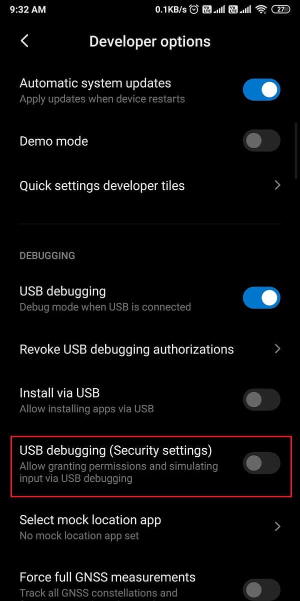 Vaya a Configuración avanzada y toque Opciones de desarrollador y habilite la depuración de USB