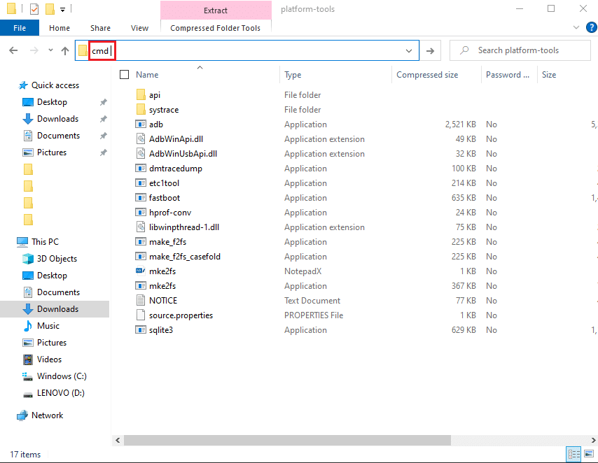 Abra la carpeta de herramientas de la plataforma en su computadora, luego en el cuadro de ruta del archivo, debe escribir cmd. 