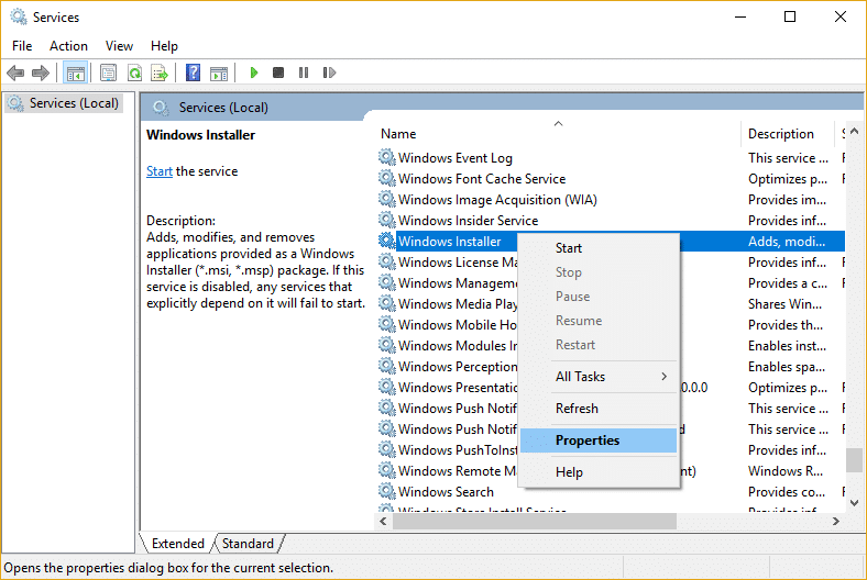 Haga clic derecho en el Servicio de instalación de Windows y luego seleccione Propiedades