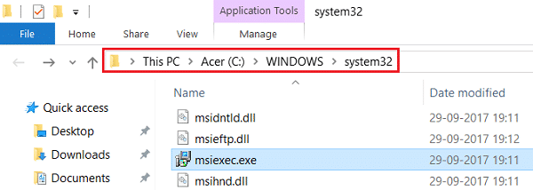 Anote la dirección exacta del archivo msiexec.exe en la carpeta System 32