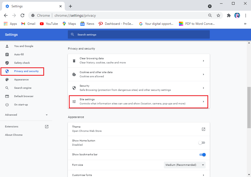 Toque Privacidad y seguridad en el panel lateral y luego haga clic en 'Configuración del sitio'.  |  Arreglar ninguna cámara encontrada en la reunión de Google