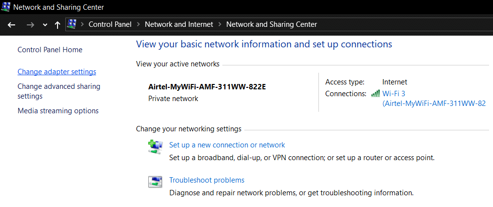 Haga clic en Cambiar configuración del adaptador |  Reparar Windows ha detectado un conflicto de dirección IP