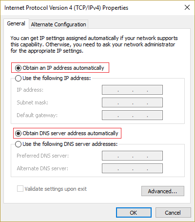 Marque la casilla Obtener una dirección IP automáticamente y Obtener la dirección del servidor DNS automáticamente
