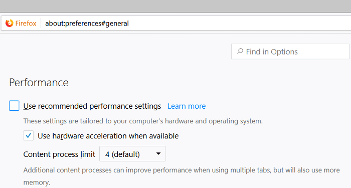 Vaya a las preferencias en Firefox y luego desmarque Usar la configuración de rendimiento recomendada