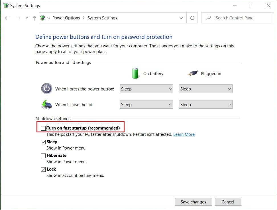 Desmarque Activar inicio rápido en Configuración de apagado |  Cómo habilitar el bloqueo numérico al iniciar en Windows 10