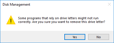 Haga clic en Sí para eliminar la letra de la unidad