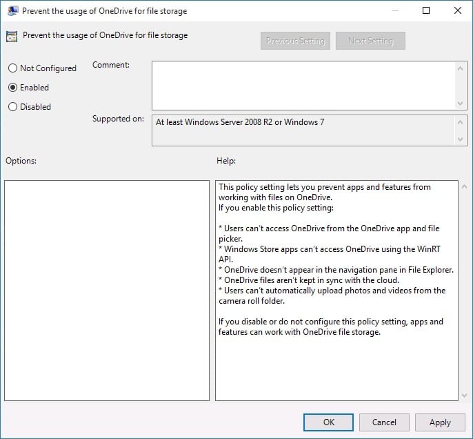 Habilitar Impedir el uso de OneDrive para el almacenamiento de archivos |  Cómo quitar OneDrive del Explorador de archivos de Windows 10