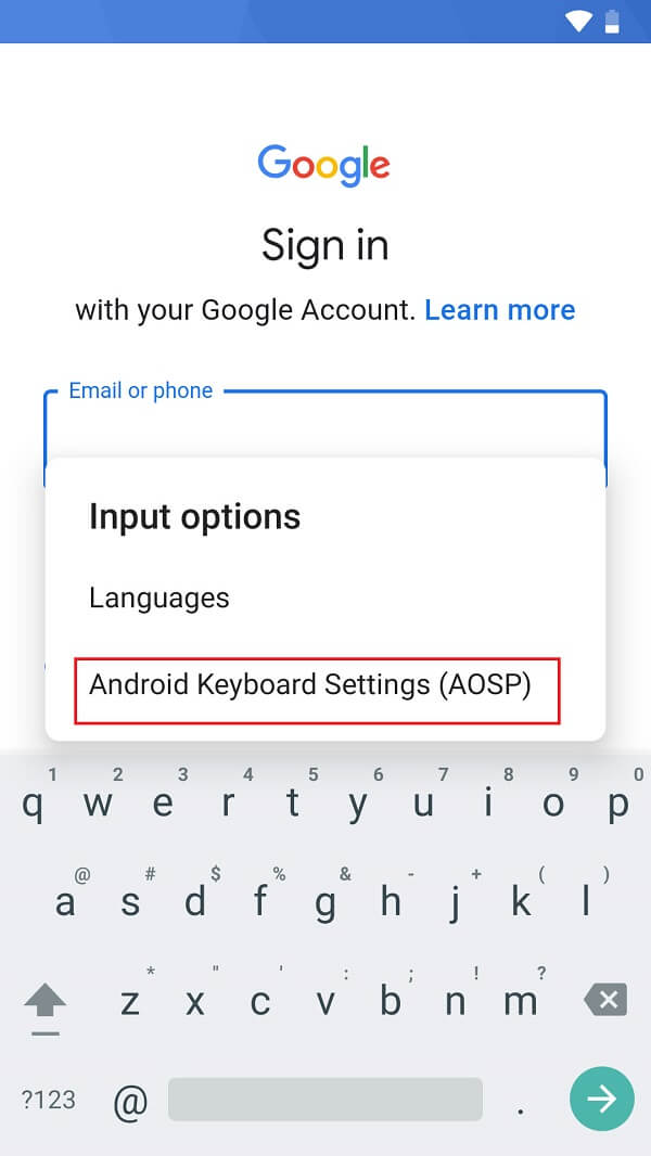 En la ventana emergente de opciones de entrada, toque 'Configuración de teclado de Android'.  |  Cómo omitir la verificación de la cuenta de Google en un teléfono Android