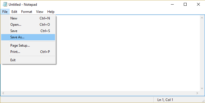 haga clic en Archivo y luego seleccione Guardar como en el bloc de notas