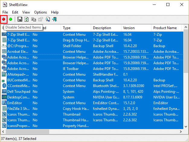 haga clic en el punto rojo para deshabilitar todos los elementos en las extensiones de shell