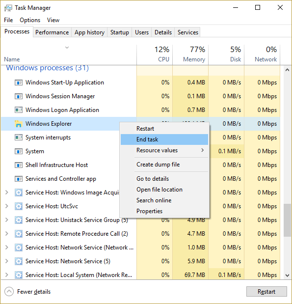 haga clic con el botón derecho en el Explorador de Windows y seleccione Finalizar tarea |  Arreglar los iconos del sistema que faltan en la barra de tareas de Windows