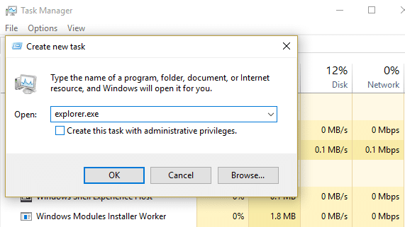 haga clic en archivo, luego en Ejecutar nueva tarea y escriba explorer.exe, haga clic en Aceptar