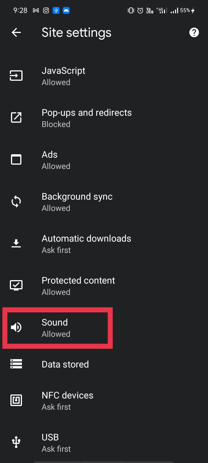en Configuración del sitio, abra la sección 'Sonido' |  Cómo deshabilitar el sonido en Chrome (Android)