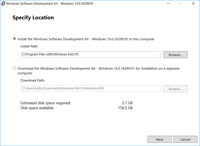 Ejecute el archivo sdksetup.exe y especifique la ubicación de instalación o utilice el valor predeterminado