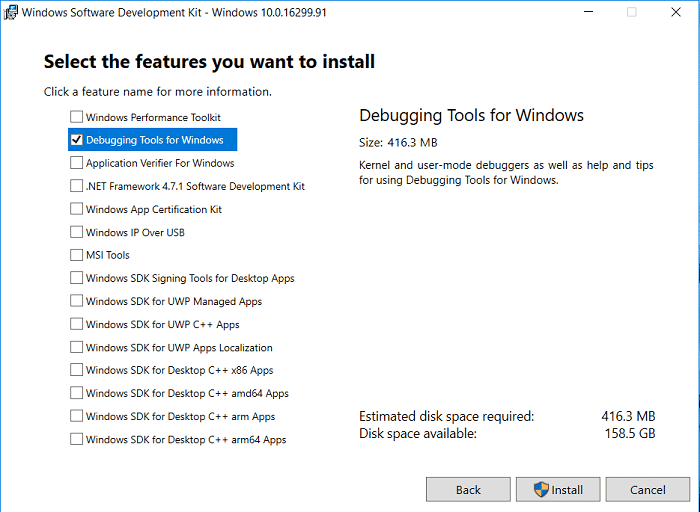 En la pantalla Seleccione las funciones que desea instalar, seleccione solo la opción Herramientas de depuración para Windows