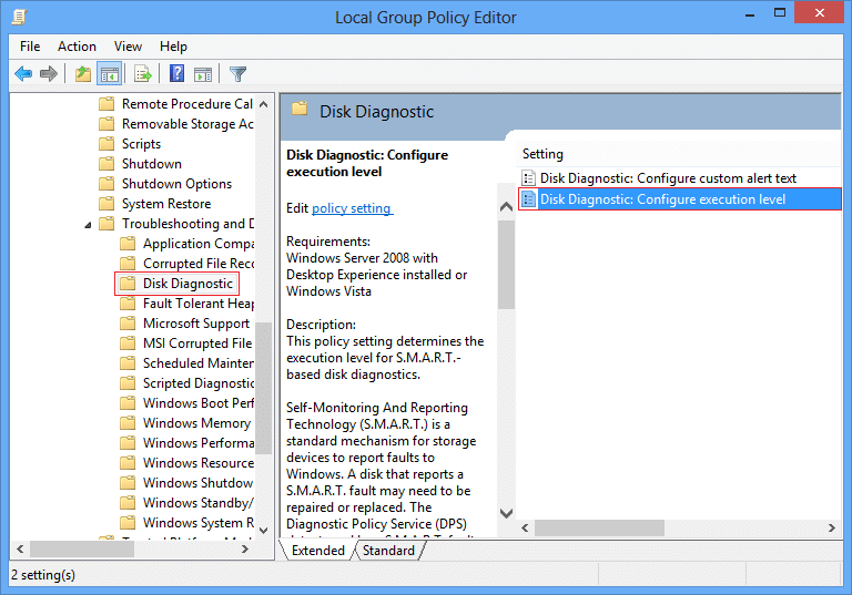 Nivel de ejecución de configuración de diagnóstico de disco