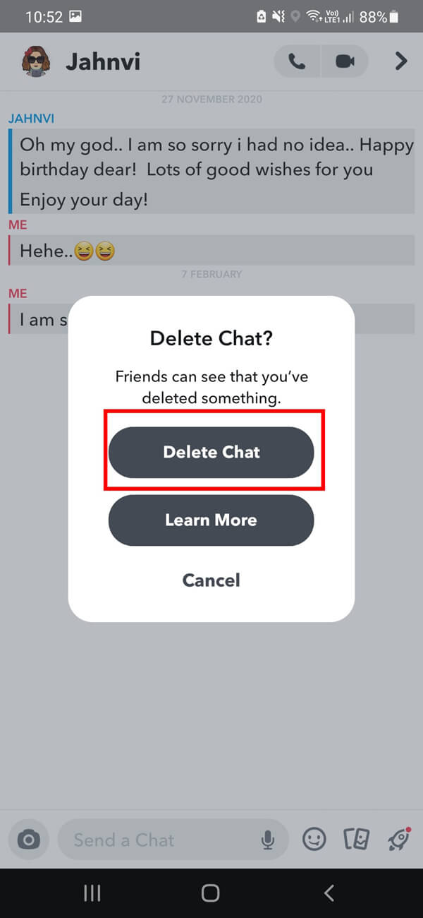 Finalmente, toque la opción Eliminar chat para eliminar el mensaje en particular.  |  Cómo eliminar mensajes en Snapchat