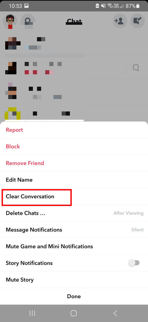 En la siguiente pantalla, debes tocar en la opción Borrar conversación |  Cómo eliminar mensajes en Snapchat