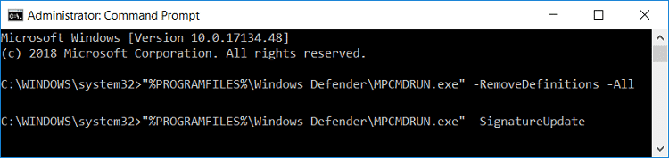 Use el símbolo del sistema para actualizar Windows Defender |  Arreglar la actualización de Windows Defender falla con el error 0x80070643
