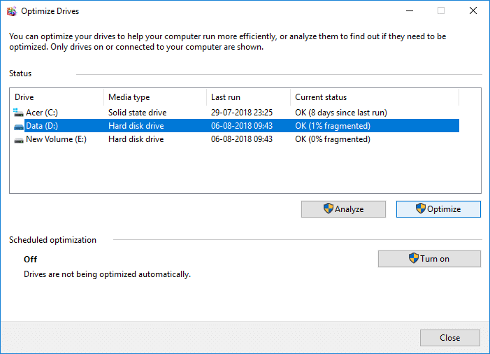 Para optimizar la unidad, haga clic en el botón Optimizar |  Cómo optimizar y desfragmentar unidades en Windows 10