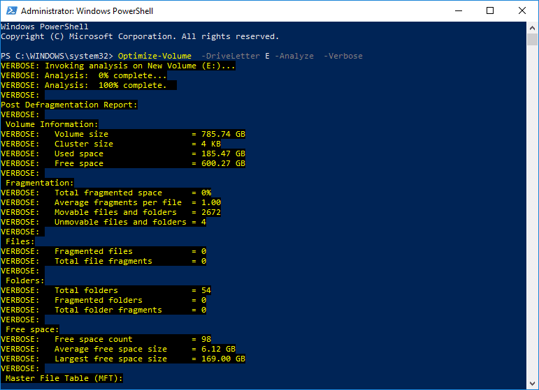 Para optimizar y desfragmentar unidades usando PowerShell, use el siguiente comando