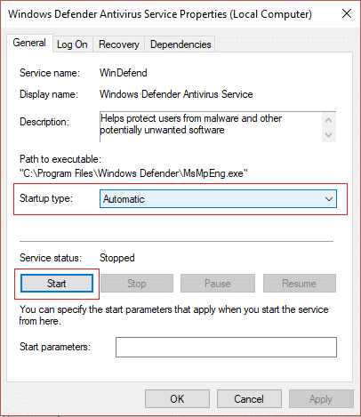 Asegúrese de que el tipo de servicio de Windows Defender iniciado esté configurado en Automático y haga clic en Iniciar