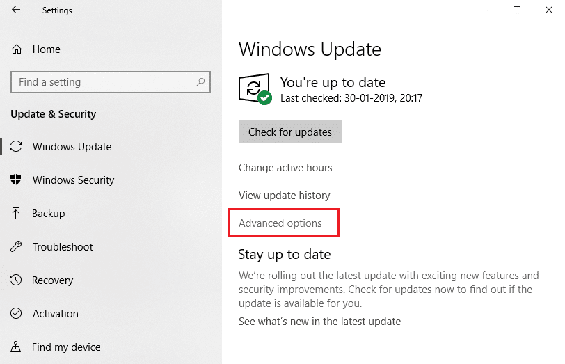 Seleccione 'Actualización de Windows' en el panel izquierdo y haga clic en 'Opciones avanzadas'