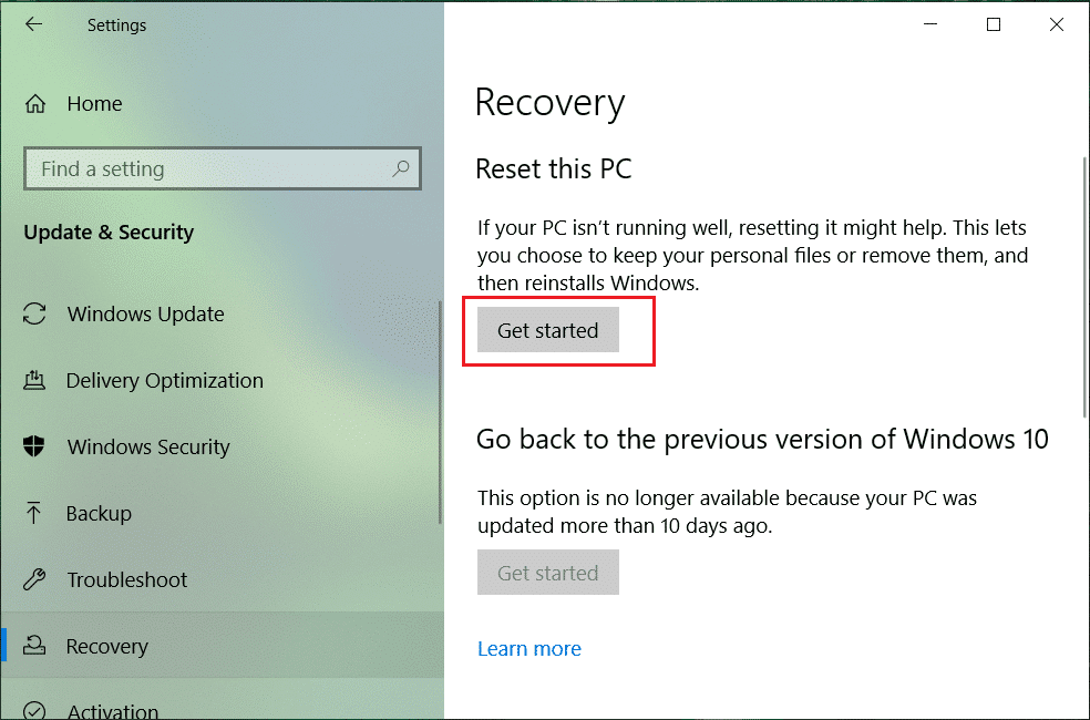 Seleccione Recuperación y haga clic en Comenzar en Restablecer esta PCSeleccione Recuperación y haga clic en Comenzar en Restablecer esta PC